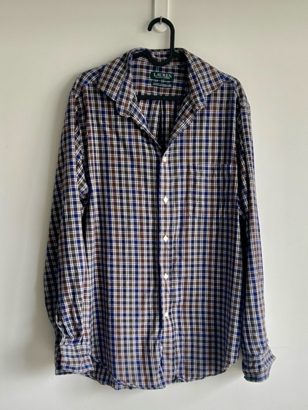 Lauren Ralph Men's Blue Brown Plaid Button Down Shirt Regular Fit Size M